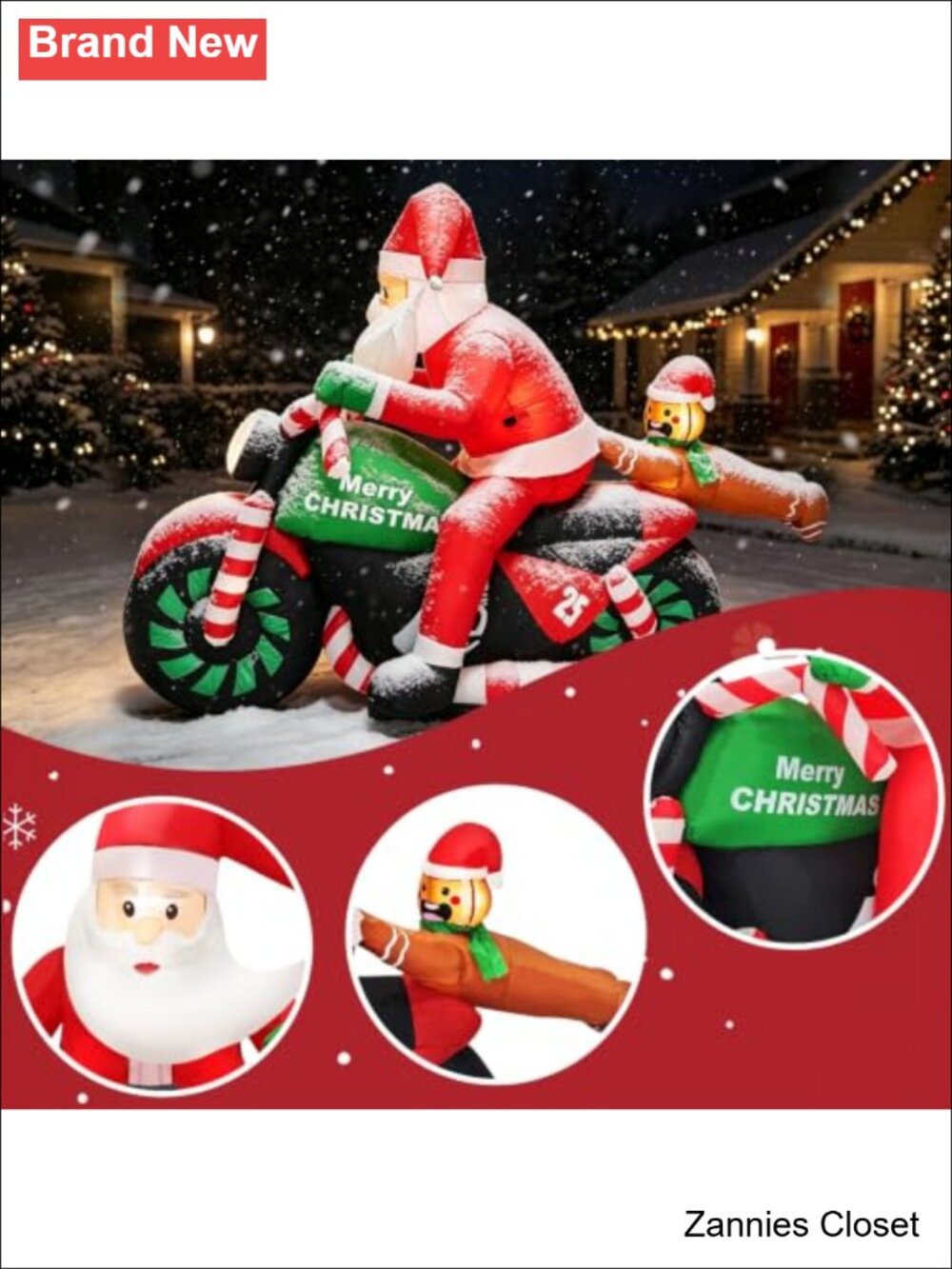 🎄 7FT Christmas Inflatable Santa Riding Motorcycle Gingerbread Man Lighted - Picture 3 of 6